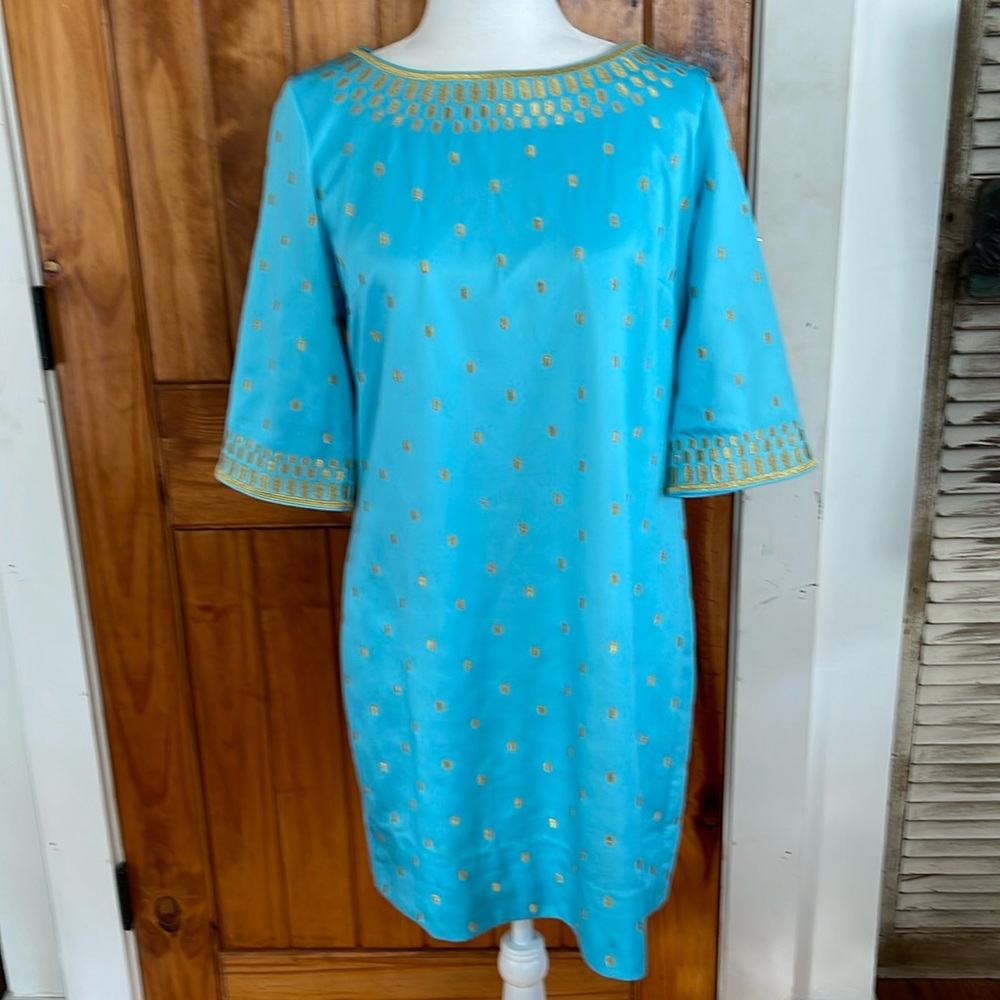 Gretchen Scott Rocket Girl Turquoise Blue and Gold Embroidered Dress Large
